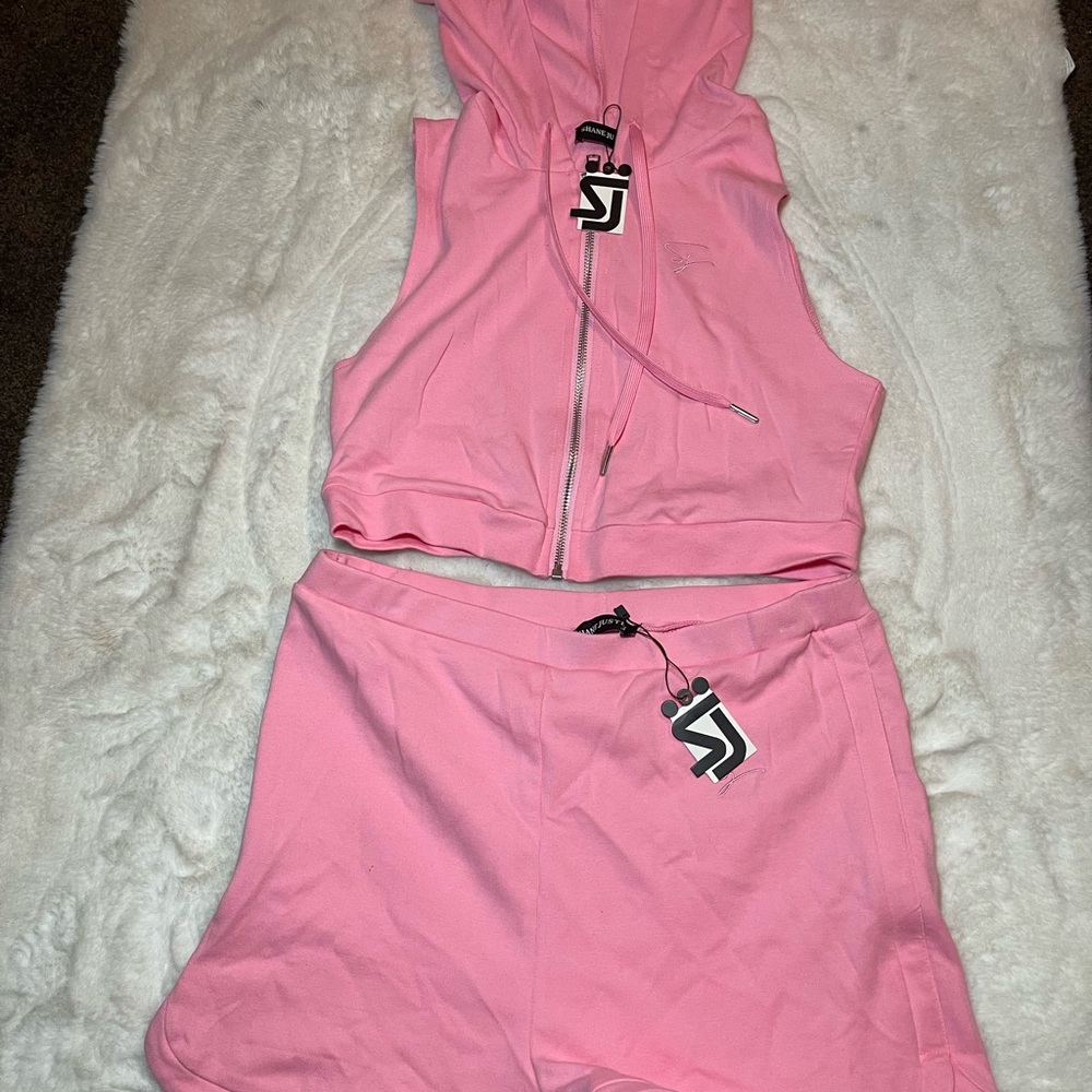 Shane Justin “on set” set, Pink Hoodie and Shorts Set